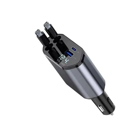 Multi-Port Car Charger with Retractable Dual Cables & Voltage Display