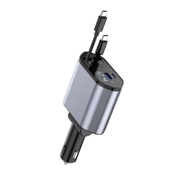 Multi-Port Car Charger with Retractable Dual Cables & Voltage Display
