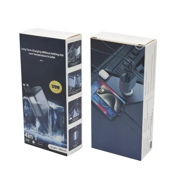 Multi-Port Car Charger with Retractable Dual Cables & Voltage Display