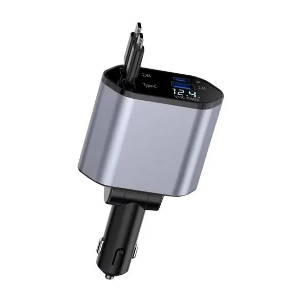 Multi-Port Car Charger with Retractable Dual Cables & Voltage Display