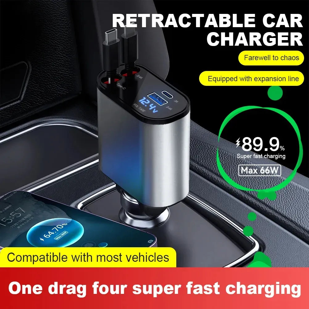 Multi-Port Car Charger with Retractable Dual Cables & Voltage Display
