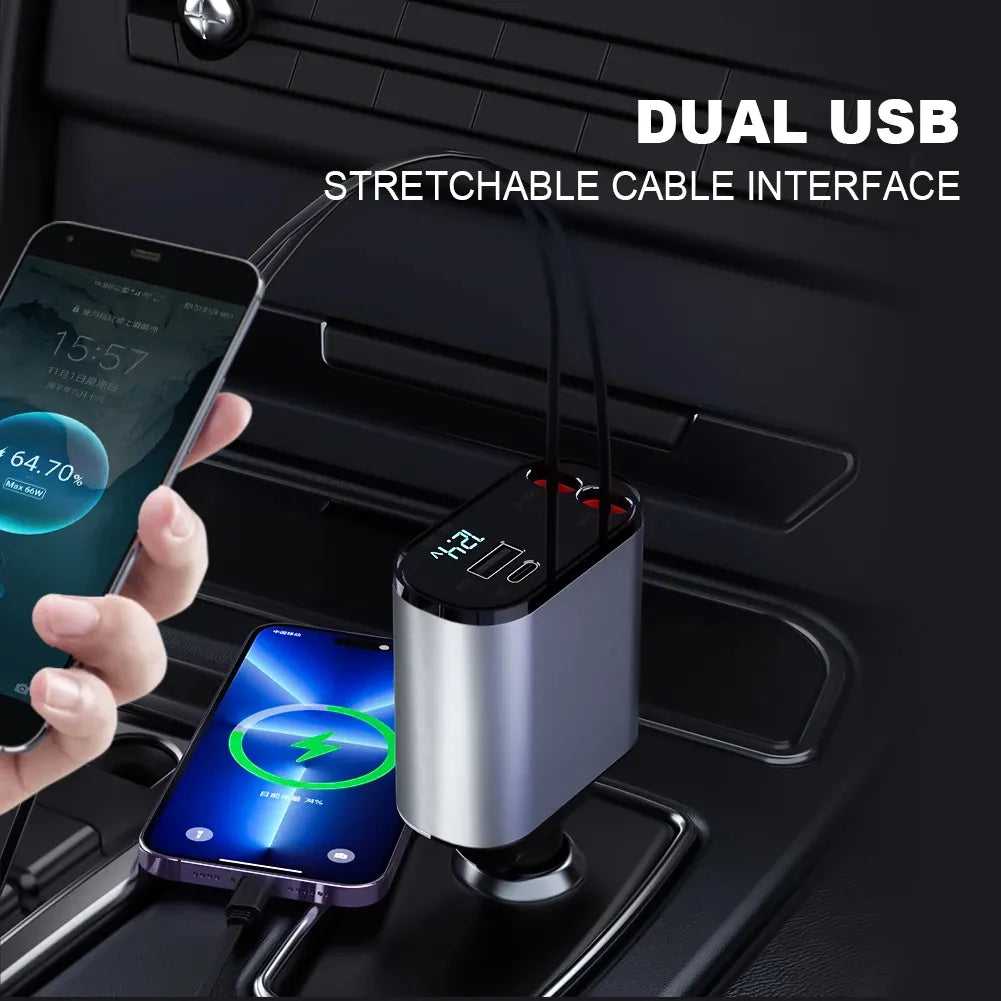 Multi-Port Car Charger with Retractable Dual Cables & Voltage Display